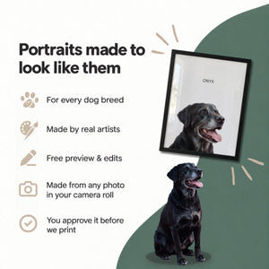 Promotional graphic for custom pet portrait printing. The text reads 'Portraits made to look like them' and lists benefits such as suitability for every dog breed, creation by real artists, free preview and edits, made from any photo in your camera roll and that customers approve before it's printed.