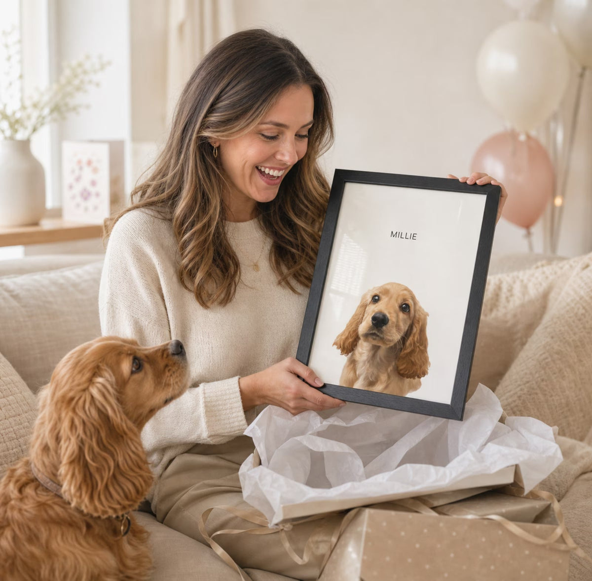 A woman holding a portrait of her dog, custom made