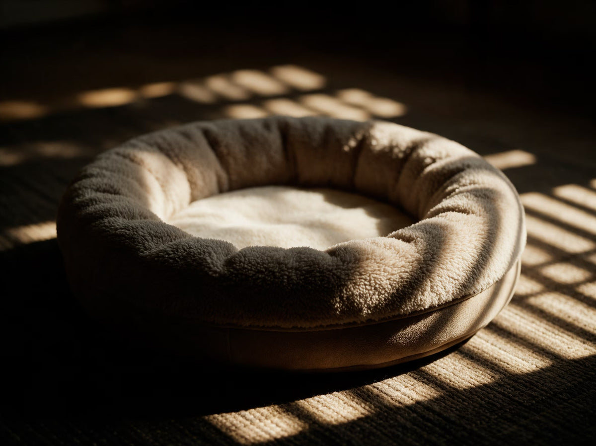 A dog bed laying in cinematic lightning