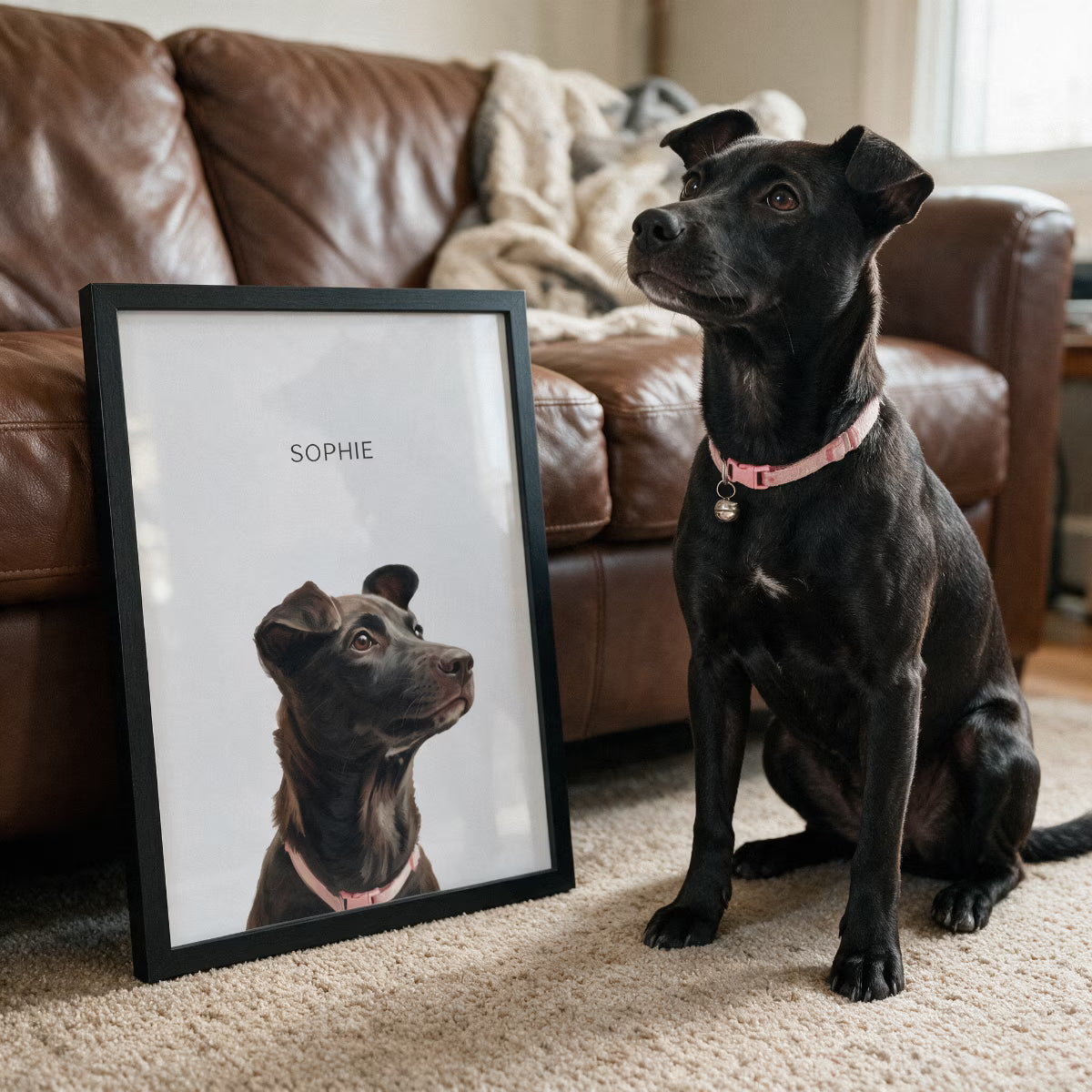 Black dog sitting beside a framed custom dog portrait of her named Sophie, in a living room with a leather couch.