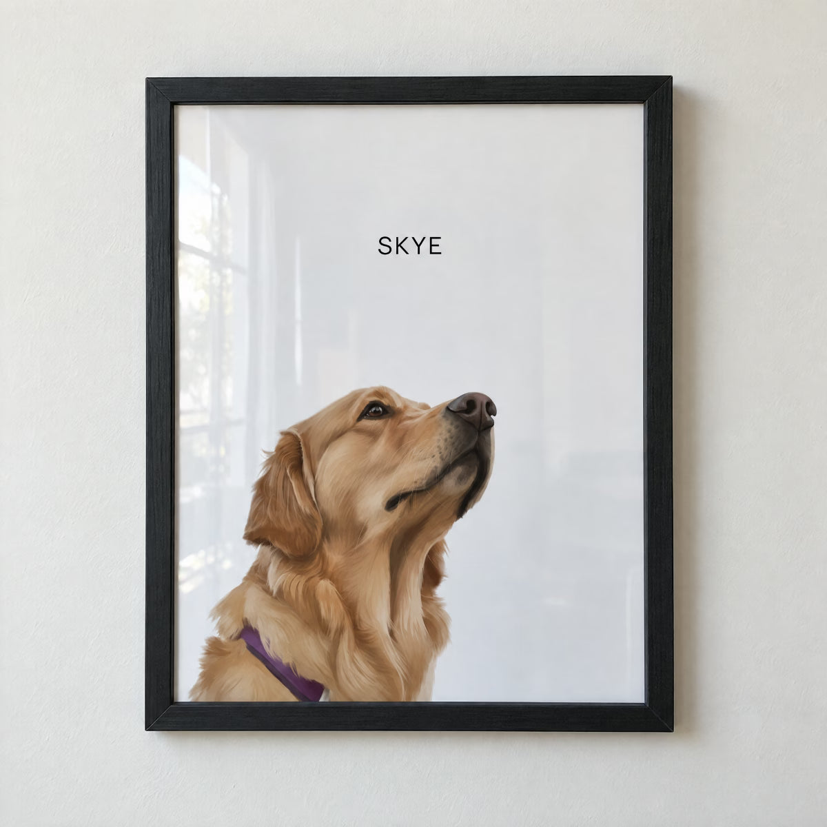 A framed custom pet portrait of a golden retriever named 'SKYE' on a light white wall.