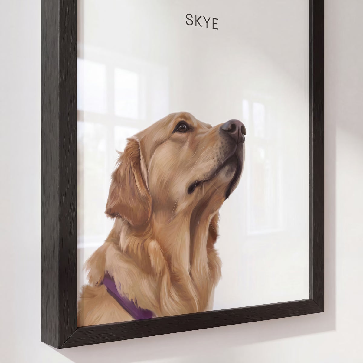 Framed portrait of a dog named Skye on a white wall, close up